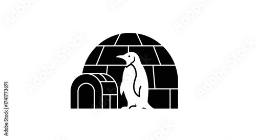 Stylized Penguin in front of Igloo Illustration, Representing Arctic Wildlife Habitat