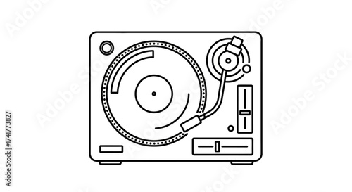Elegant minimalist line art illustration of a classic vinyl record turntable for music enthusiasts