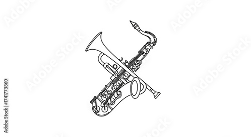 Elegant line art illustration featuring a trumpet and saxophone intertwined design