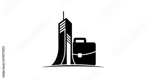 Black and white business concept illustration with skyscraper and briefcase image