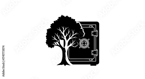 Abstract illustration featuring a tree growing from a safe symbolizing security and growth