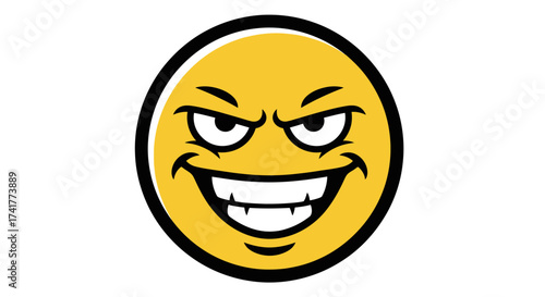 Cartoonish wicked smiley face with devious smile and raised eyebrows illustration