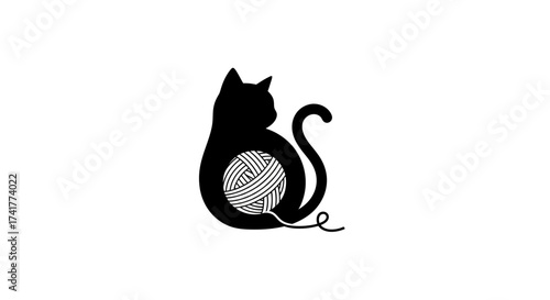 Silhouette of a playful cat intertwined with a ball of yarn design concept