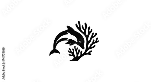 Elegant black and white logo featuring a dolphin mother and calf swimming among coral