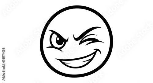 Illustration of a winking emoticon with a mischievous expression rendered in black and white