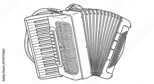 Detailed line art of an accordion musical instrument showcasing bellows and keys for coloring pages