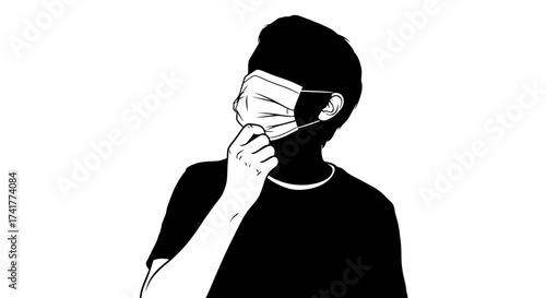 Stylized depiction of a person wearing a protective face mask for health and safety