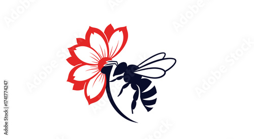 Minimalist Illustration of a Bee on a Red Flower for Branding and Design projects