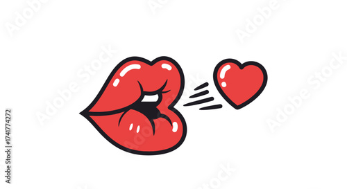 Bold red lips blowing a heart conveys a message of love and affection a kiss