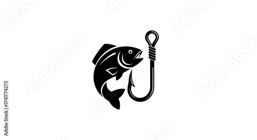 Striking Black and White Illustration of Fish Caught on a Fishing Hook Design