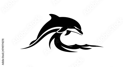 Black and white vector illustration of a dolphin leaping out of the water forming a wave