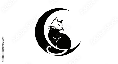 Elegant black and white illustration of a cat sitting within a crescent moon design