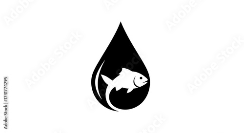 Minimalist illustration of a fish inside a black water droplet logo design concept