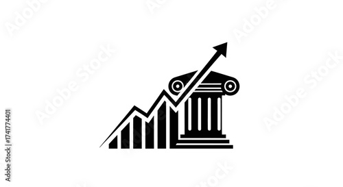 Financial growth symbolized by an upward arrow and classical column in black and white elegance