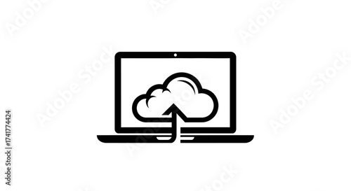 Laptop displaying cloud storage upload icon symbolizing data sharing and transfer services