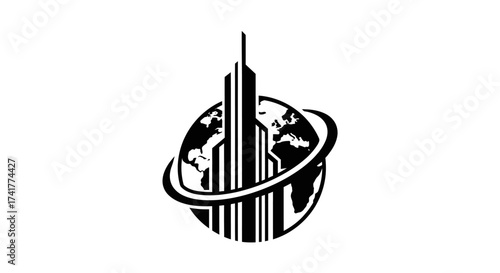 Global ambition illustration showcasing a sleek cityscape enveloped by world globe silhouette