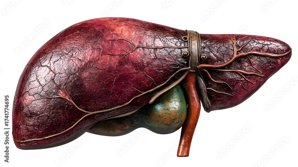 Obraz premium Detailed anatomical depiction of a human liver, featuring a textured, reddish-brown surface with visible veins and internal structures, alongside a gallbladder, all displayed on a clean, white...