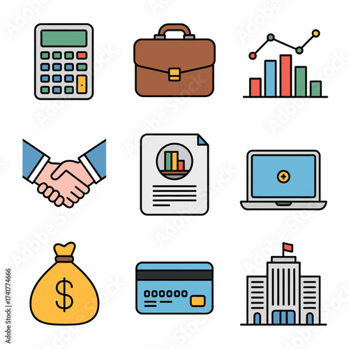 Business And Finance Icons Set With Calculator Briefcase Chart Handshake Document Laptop Money Bag Credit Card And Building Keywords: business, finance, office, work, success, meeting, deal