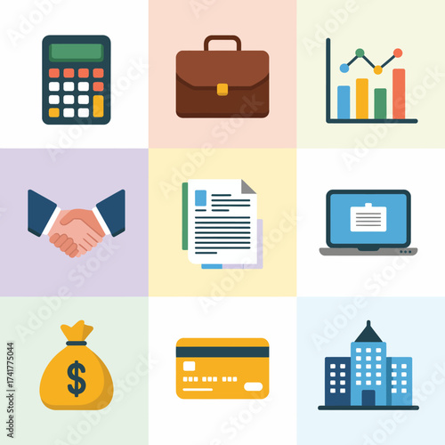 Business Icons Set With Calculator Briefcase Chart Handshake Document Laptop Money Bag Credit Card And Building Keywords: business, finance, office, work, success, meeting, deal, agreement