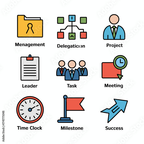 Business Management and Project Icons with Labels delegation leader