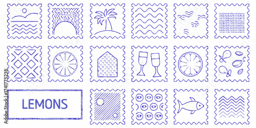 Collection of hand drawn blue ink sketches on postage stamp backgrounds depicting summer themes and citrus fruits