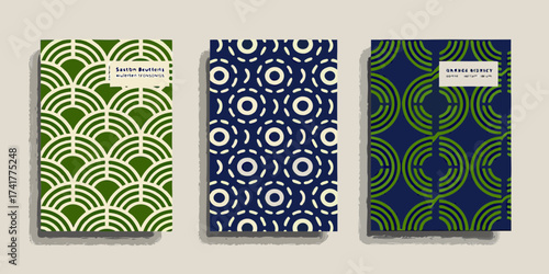Three stylized book covers with repeating geometric patterns in green and navy blue