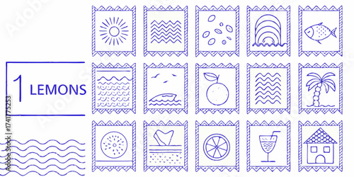 Collection of hand drawn blue ink stamps featuring summer vacation and citrus themes