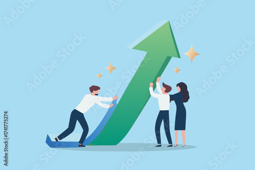 Teamwork and collaboration to achieve business growth and success with a rising green arrow