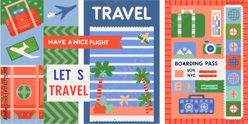 Colorful collage of travel elements including luggage airplanes boarding passes and tropical scenery