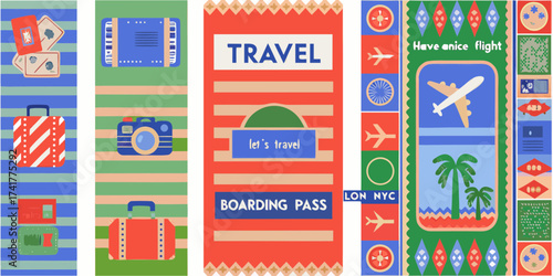 Colorful illustration of travel essentials including luggage camera passport boarding pass and airplane with tropical island scene