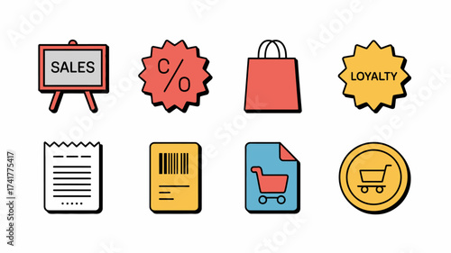 Collection of eight flat design retail and business icons on a white background sales discount