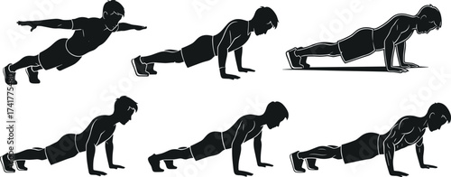 Push-up exercise silhouette, bodyweight training poses, upper body workout, fitness movement sequence, strength routine, black figure on white background, gym and health concept