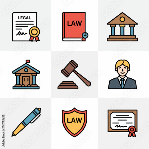 Collection of Law and Justice Icons Featuring Gavel Certificate Court and Lawyer legal judge