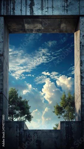 Dark concrete wall frame against a bright sky with silhouetted trees and a few scattered clouds