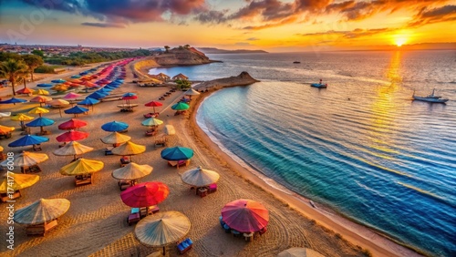 Drone View of Sharm El Sheikh Beach with Colorful Umbrellas at Sunset