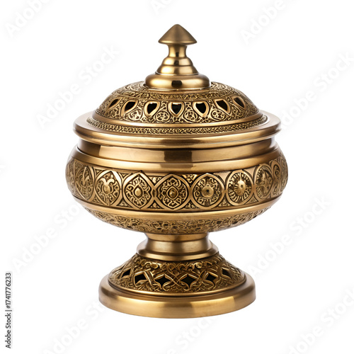 Ornate Golden Decorative Bowl with Intricate Patterns and Lid on Black Background graphic design