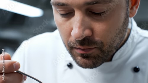 Professional chef tasting dish with spoon in kitchen environment