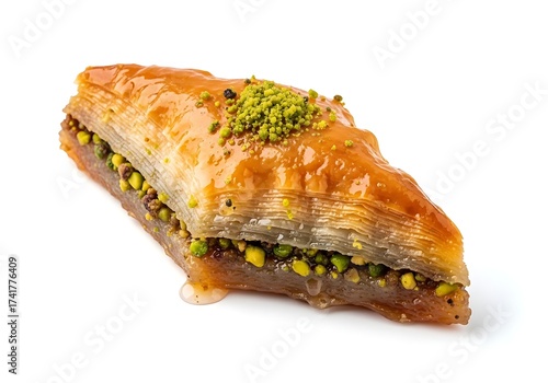 Delicious Baklava Pastry with Pistachios and Syrup on White Background