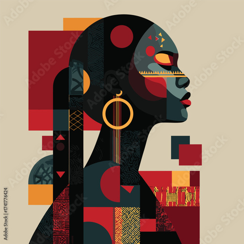 African tribal woman with sideways pose, face tattoos and long earrings vector illustration