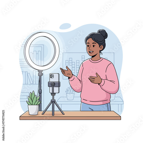 Young woman recording a video with a ring light and smartphone.