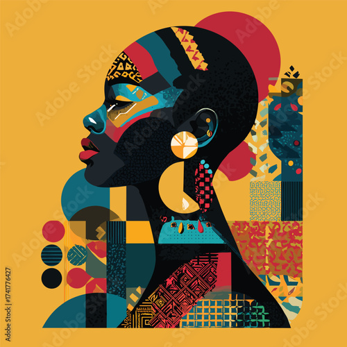 African tribal woman with sideways pose, face tattoos and long earrings vector illustration