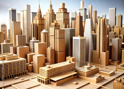 Cardboard cityscape model featuring intricate details of modern skyscrapers and urban infrastructure