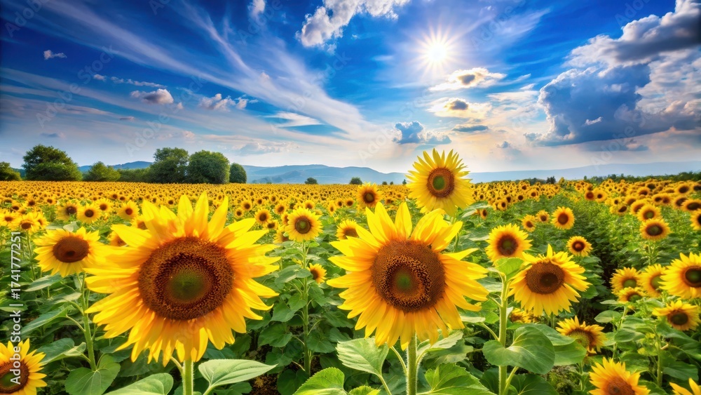 Fototapeta premium Sunflower field with blooming flowers under a clear blue sky