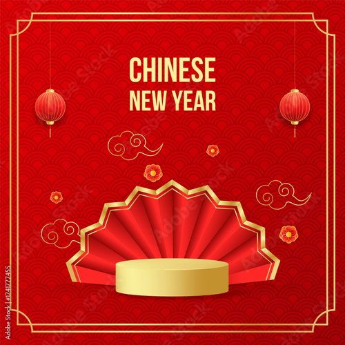 Chinese New Year banner with gold podium, lantern, fan, flowers, clouds with greeting text. Vector illustration, template for web banner, poster, cover