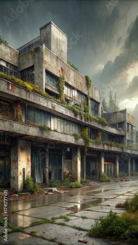Abandoned shopping center with crumbling facade and overgrown vegetation on a grey day