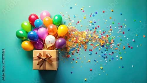 Colorful balloons and confetti spilling out of a gift box in a festive flat lay on a table