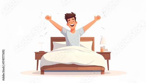 Smiling Man Stretching in Bed After a Good Sleep