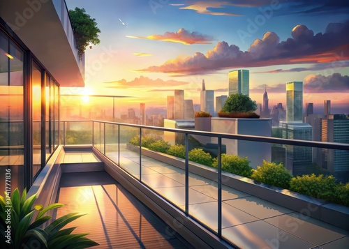 Modern rooftop balcony with cityscape at sunset