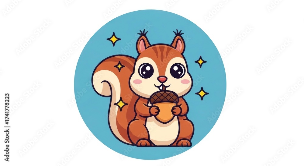 Naklejka premium Cute cartoon squirrel with big eyes holds acorn, surrounded by sparkle stars in a blue circle