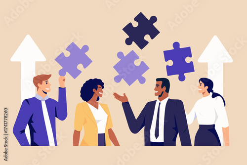 Diverse team collaborating on a project with puzzle pieces and upward arrows symbolizing growth and success